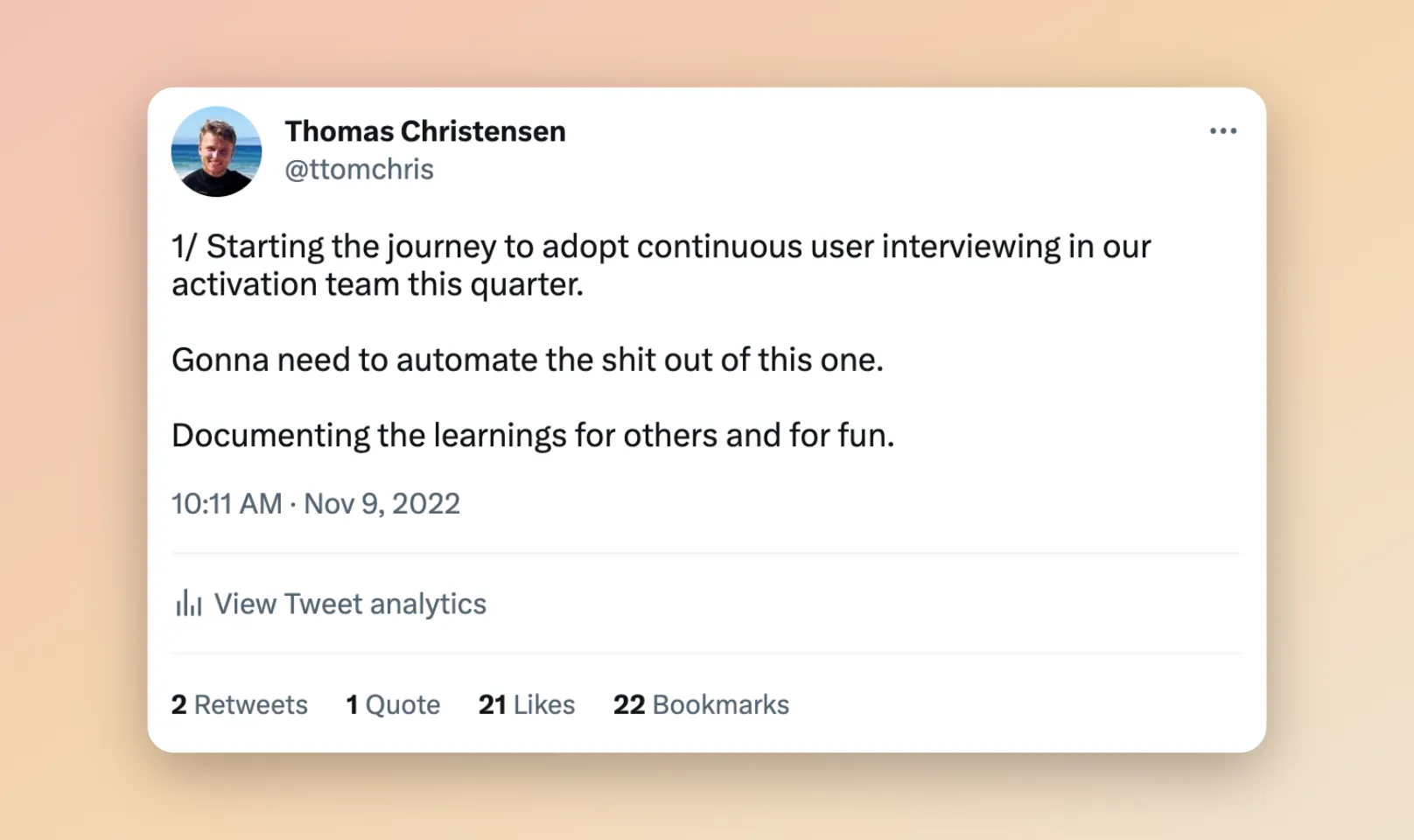 Continuous user interviewing flow