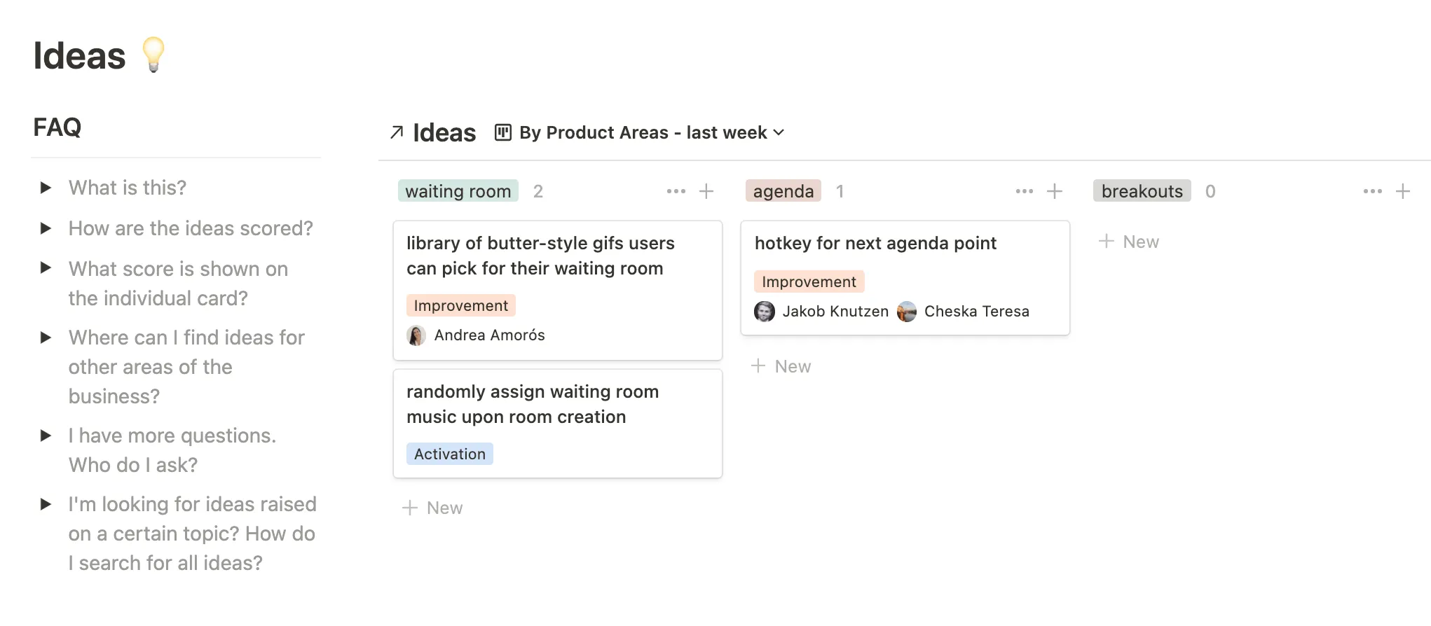 Grouping ideas by product areas