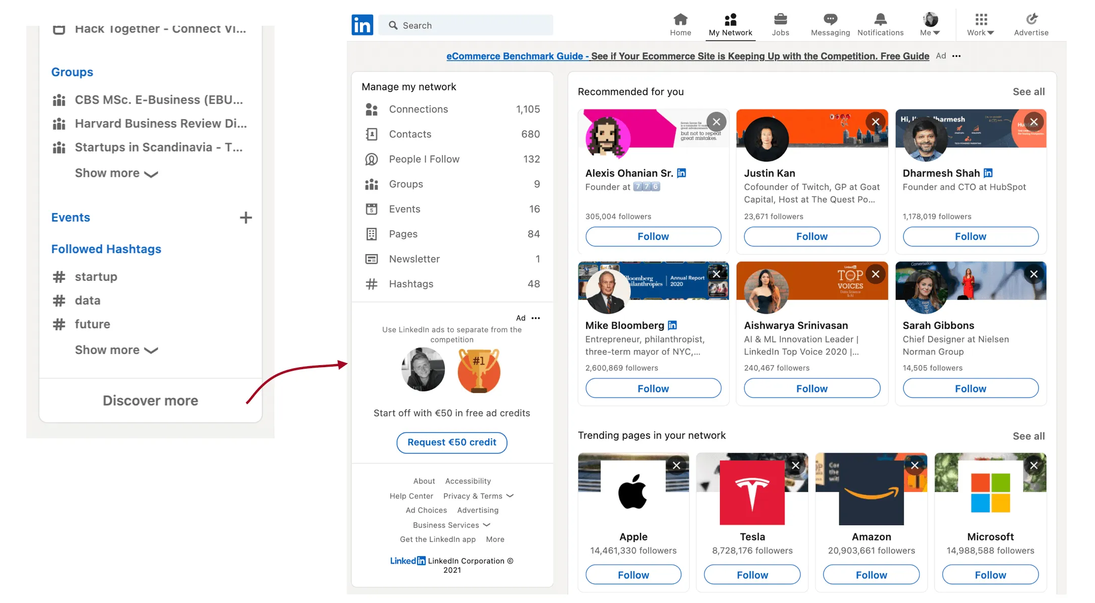 LinkedIn “discover more” growth experiment